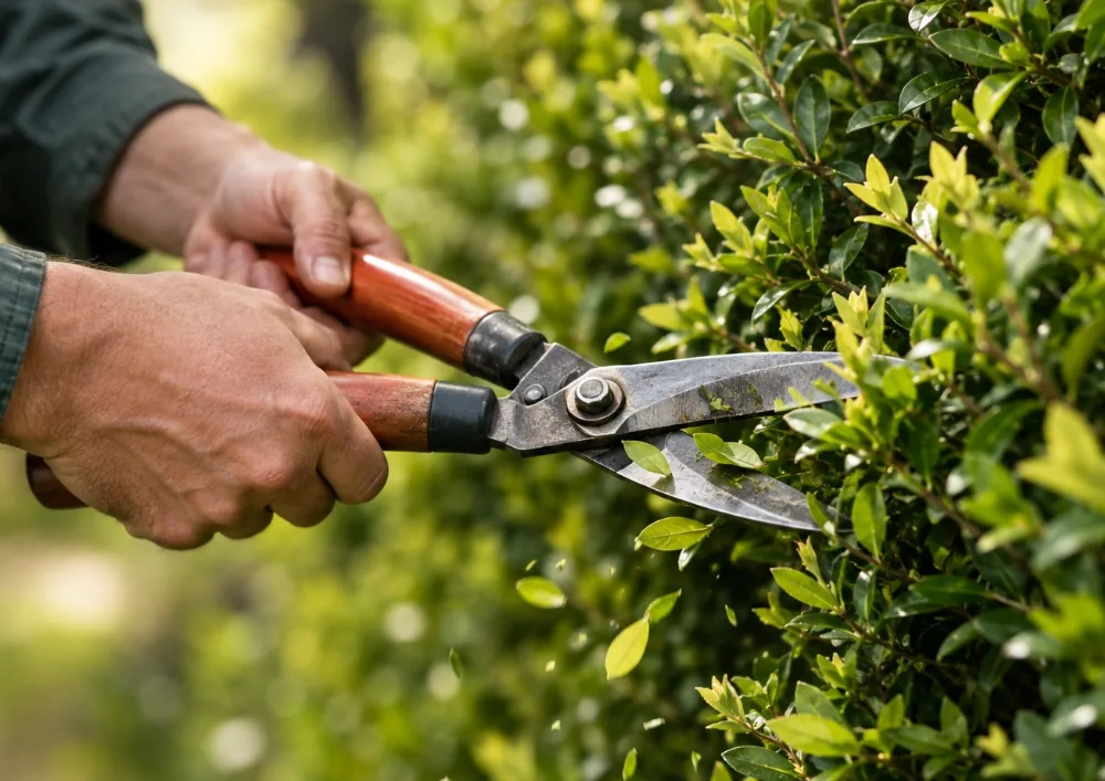 Jardinero podando un seto con tijeras de jardinería