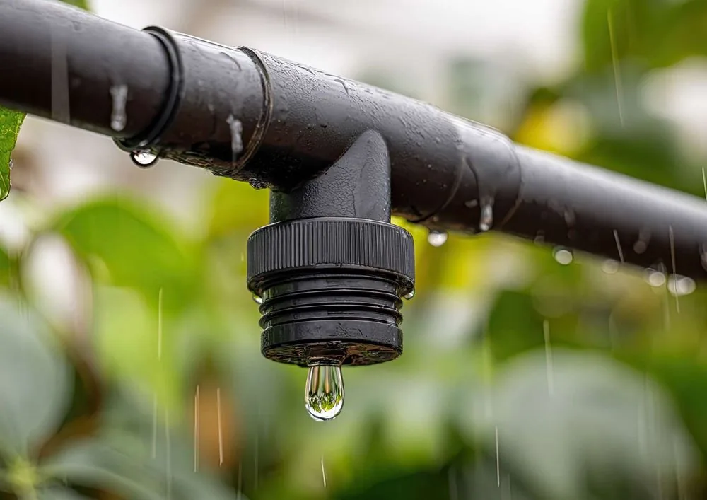 Gota de agua cayendo de un sistema de riego por goteo